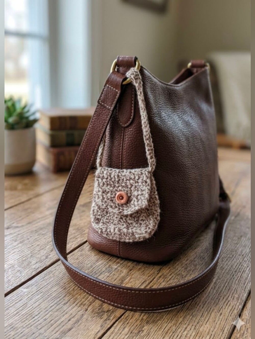 Handmade Crochet Tiny Bag with Antique Button 100% Virgin Wool Oak Tweed